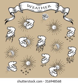 set of funny Renaissance weather icons