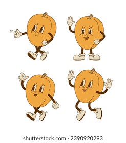 Set of funny retro cartoon apricot characters in groovy style. Smiling peach fruit mascot in different poses and emotion. Vector illustration. 