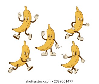 Set of funny retro cartoon banana characters in groovy style. Smiling fruit mascot in different poses and emotion. Vector illustration.