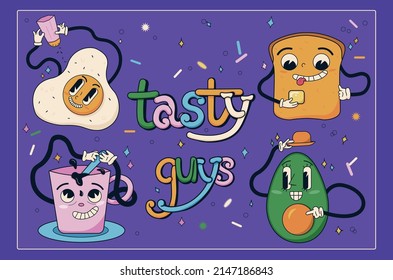 Set of funny retro cartoon characters in trendy cartoon style. Tasty guys with big cartoon eyes. Vector illustration of toast, egg, coffee cup, avocado. Set of comic elements.