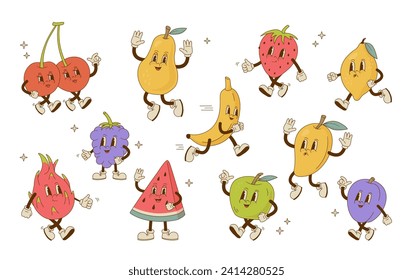 Set of funny retro cartoon fruit and berry characters. Vintage watermelon, cherry, blackberry, mango, pear, apple, dragon fruit, banana, strawberry plum, mascot. Nostalgia vector illustration. 