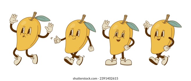 Set of funny retro cartoon mango characters in groovy style. Smiling fruit mascot in different poses and emotion. Vector illustration.