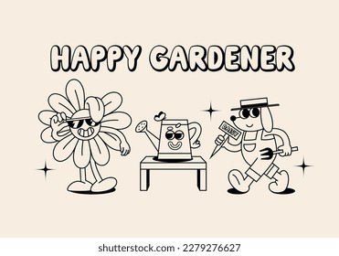 Set of Funny Retro Illustration. Cute Characters in Groovy Vintage Style. Garden, Gardener and Gardening Vector Illustration