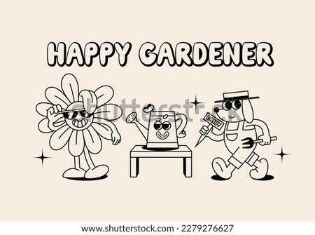 Set of Funny Retro Illustration. Cute Characters in Groovy Vintage Style. Garden, Gardener and Gardening Vector Illustration