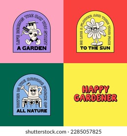 Set of Funny Retro Illustration of Gardener, Daisy Flower and Watering Can with Quotes. Vector Characters in Groovy Vintage Style. Outdoor Summer Gardening Logo