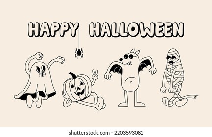 Set Funny Retro Illustration for Halloween Carnival  Vector Characters in Vintage Style  