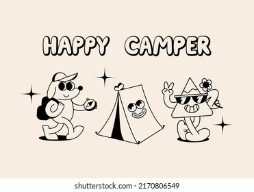 Set of Funny Retro Illustration. Vector Characters in Vintage Style. Outdoor Summer Camp Logo 