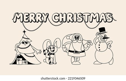 Set of Funny Retro Illustration. Vector Characters in Vintage Style. Groovy Hippie Christmas Clipart. Santa Claus, Christmas tree, Snowman, Rabbit and Gifts