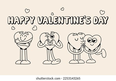 Set of Funny Retro Love Illustration. Vector Characters in Vintage Style. Groovy Hippie Valentine's Day Clipart. Concept of Varieties of Love