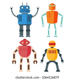 Set of funny retro robots isolated on white background. Flat style. Vector illustration.