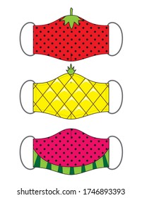 Set of funny reusable mouth masks in vector. Fruits design.