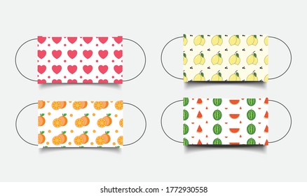 Set of funny reusable mouth masks in vector. Fruits and love design.
