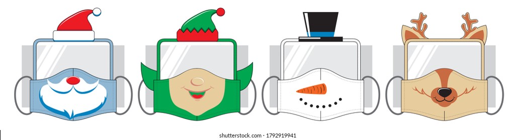 Conjunto de máscaras bucales divertidas reutilizables con vidrio de seguridad de plástico. Diseño navideño de santa, elfo, muñeco de nieve y ciervo en vector.