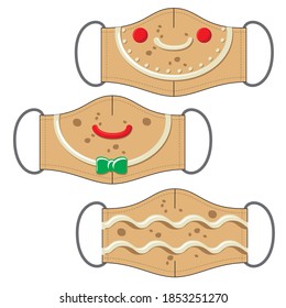 Set of funny reusable mouth masks with christmas cookies faces. Vector illustration.