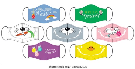 Set of funny reusable mouth masks of bunny, eggs, chick, sky with rainbow and grass in vector. Design for Happy Easter.