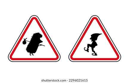 Set funny road sign. Hedgehog, troll sign