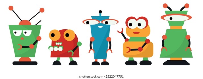 Conjunto de personajes de robot divertidos en estilo de dibujos animados. Ilustración vectorial de hermosos robots con diferentes emociones y poses: ojos, un ojo, antenas, manos mecánicas aisladas sobre fondo blanco.