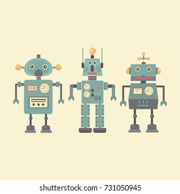 Set of funny robots. Cartoon character vector illustration.