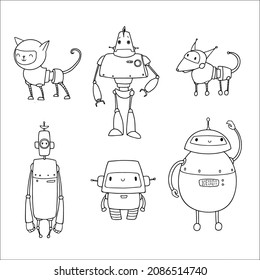 Set of funny robots. Children coloring.