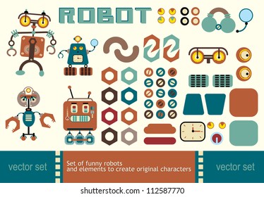 Set of funny robots and elements to create original characters