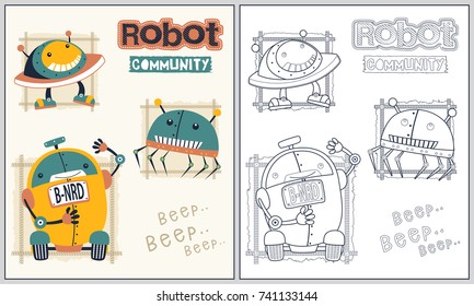 set of funny robots, vector cartoon illustration, coloring book or page