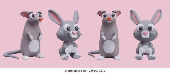 Set of funny rodents in different positions. Gray rat and rabbit. Mouse and hare. Pets. Illustrations for zoo, pet store, veterinary clinic. Toothy vector creatures. Vector 3D animals