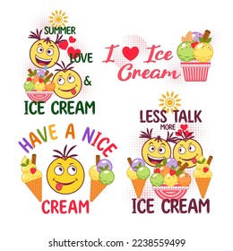 Set of funny romantic colorful label with ice cream sundae, crazy emoji love couple, text, halftone shapes, hearts. Simple minimal style. For prints, clothing, t shirt design