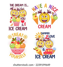 Set of funny romantic colorful label with ice cream sundae, crazy emoji love couple, text, halftone shapes, hearts. Simple minimal style. For prints, clothing, t shirt design