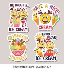 Set of funny romantic colorful stickers with ice cream sundae, crazy emoji love couple, text, hearts. Simple minimal style. For prints, clothing, t shirt design