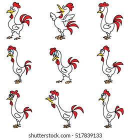 Set of funny roosters isolated on white background. Doodle vector illustration.