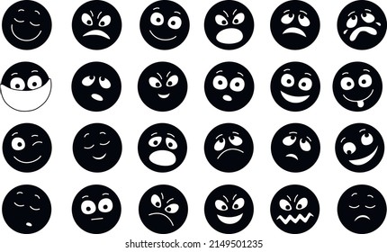 Conjunto de graciosos emoticonos redondos con sonrientes, tristes y muchas otras caras de personajes de juguete con diferentes emociones, ilustraciones vectoriales de dibujos animados sobre un fondo blanco