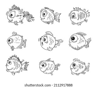 Set of Funny round fish. Cartoon animal character. Underwater world. Outline sketch. Hand drawing is isolated on a white background Vector.