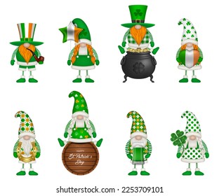 set of funny saint patrick's day gnomes with irish elements