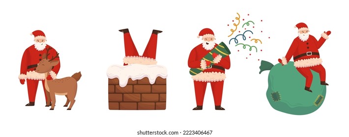 Set of Funny Santa Claus Character Caress Reindeer, Stuck in Chimney, Shoot Flapper, Sit on Huge Sack with Gifts. Winter Holiday Personage in Traditional Red Costume. Cartoon Vector Illustration