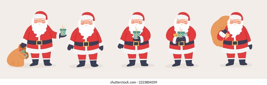 Set of funny Santa Claus character with gifts and bag with presents. Merry Christmas and New Year cartoon vector illustration 