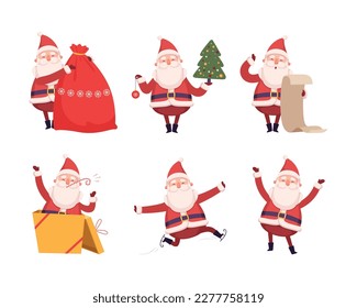 Set of funny Santa Claus character. Christmas New Year symbol cartoon vector illustration