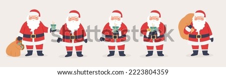 Set of funny Santa Claus character with gifts and bag with presents. Merry Christmas and New Year cartoon vector illustration 