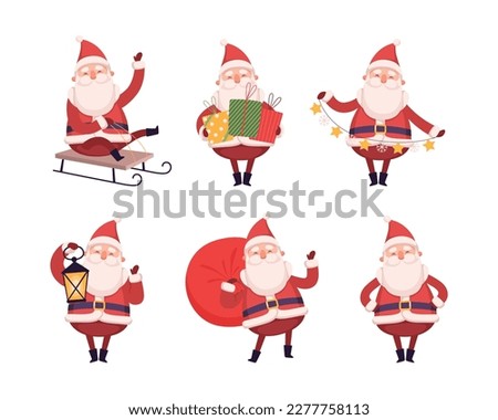 Set of funny Santa Claus character riding sleigh, carrying gifts and holding garland. Christmas New Year symbol cartoon vector illustration