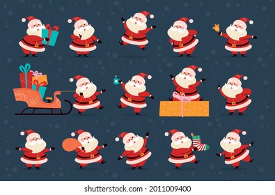 Set of funny Santa Claus characters carry gift box, presents bag and Christmas stocking, ring bell, wink, jump isolated. Vector flat cartoon illustration. For Christmas card, pattern, sticker, banner.