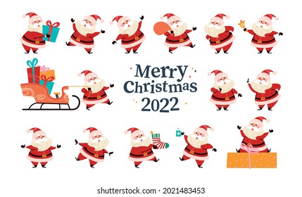 Set of funny Santa Claus characters carry gift box, presents bag and Christmas stocking, ring bell, wink, jump isolated. Vector flat cartoon illustration. For Christmas card, pattern, sticker, banner.