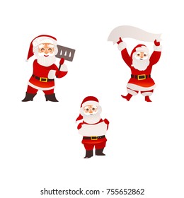 Set of funny Santa Claus characters holding Christmas banner, sign, board, flat cartoon vector illustration isolated on white background. Santa Claus holding empty sign, banner, board, Christmas set