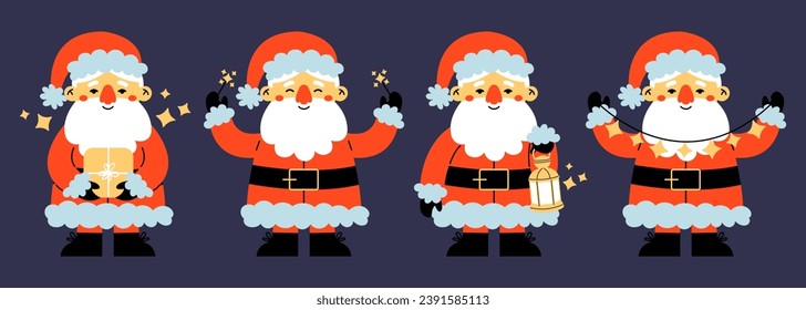 Set of funny santa claus. Cute christmas character holds gift, lantern, garland and sparklers. Flat cartoon vector illustration.