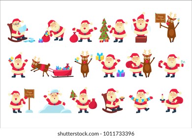 Set with funny Santa Claus in different poses. Merry Christmas and Happy New Year. Reindeer, bag with gifts, children s letters, tree, snow. Flat vector for greeting card