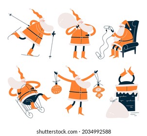 Set of funny Santa Claus in different situations. Modern flat vector illustration.