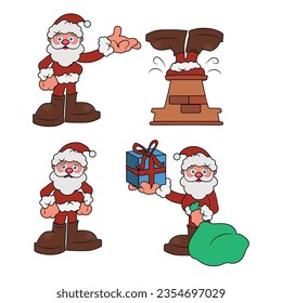 Set of funny Santa Claus in different poses with gift sack in cartoon style.