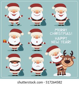 Set of funny Santa Claus in different poses and reindeer in cartoon style. Merry Christmas and Happy New Year!