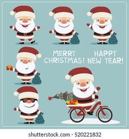 Set of funny Santa Claus in different poses in cartoon style. Merry Christmas and Happy New Year!