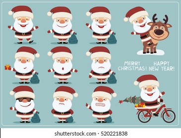 Set of funny Santa Claus in different poses with gift sack in cartoon style.