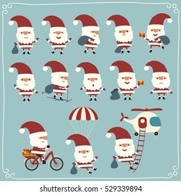 Set of funny Santa Claus in different poses, on bike, parachute and helicopter in cartoon style. 