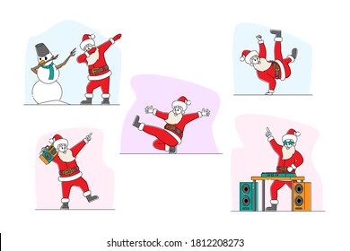 Set of Funny Santa Claus and Snowman Dancing. Christmas Characters Dabbing Move, Break Dance and Hip Hop Style, Young Teenage Culture, Holiday DJ Club Party Fun. Linear People Vector Illustration